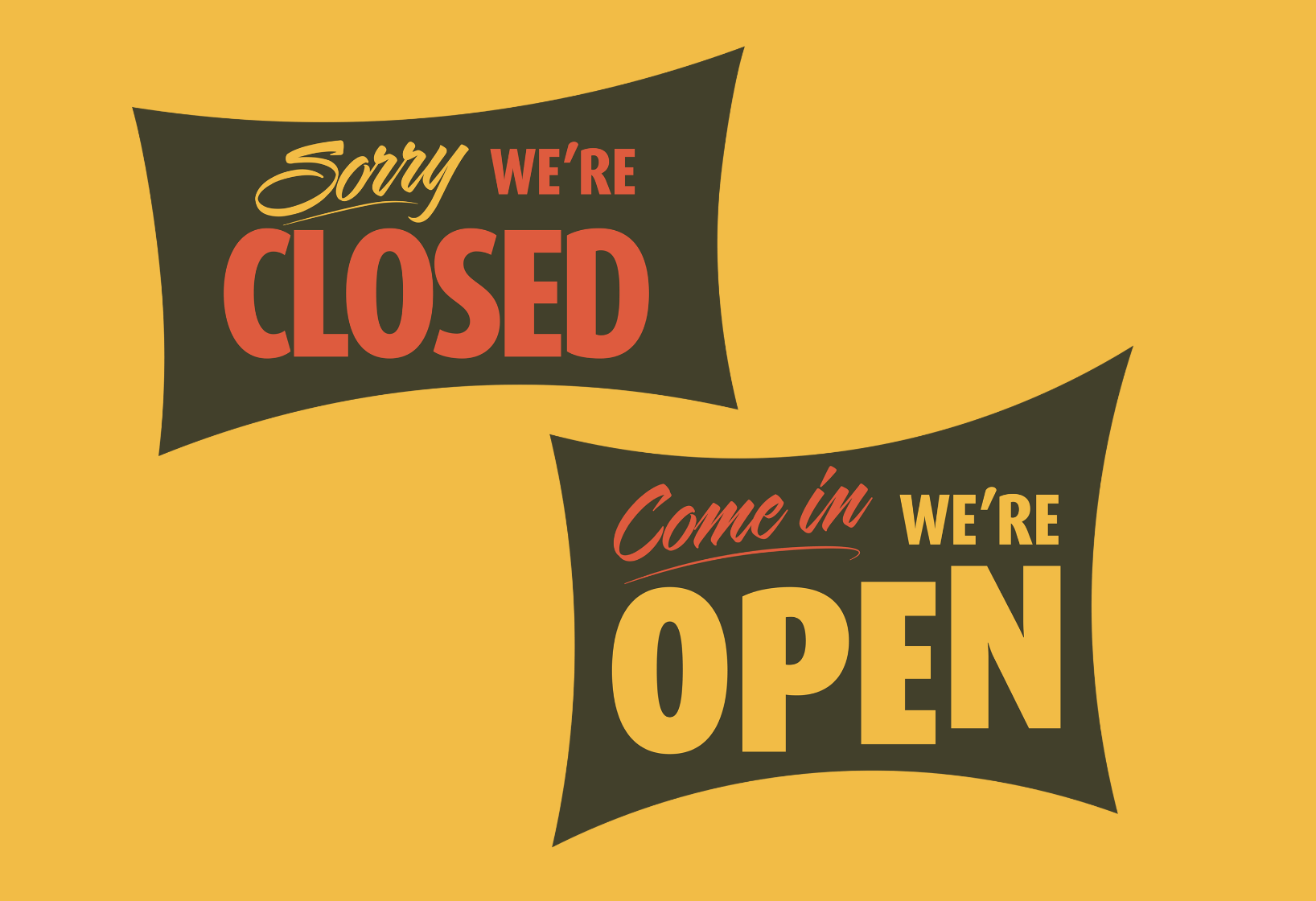 green open/closed signs with gold and orange typography