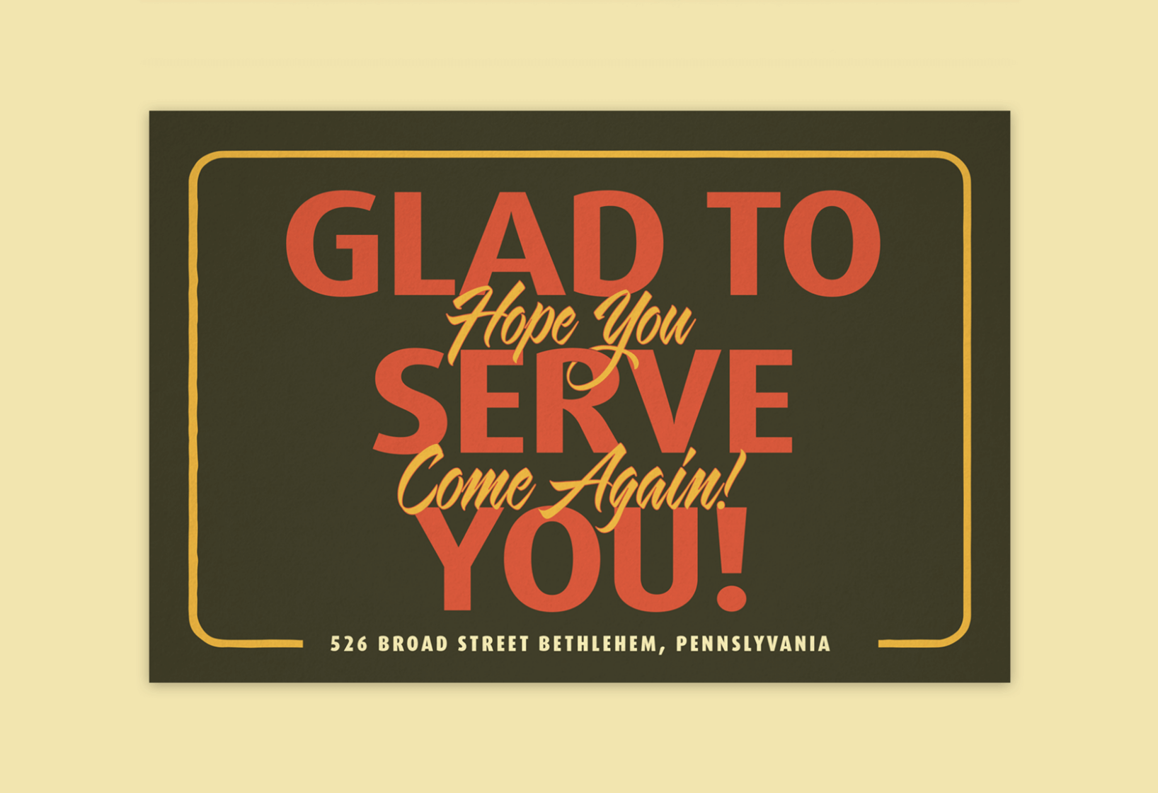 green Requiem Room postcard with text "glad to serve you, hope you come again soon" and address