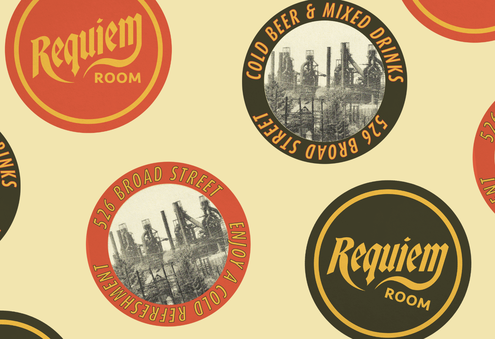 misc coasters with Requiem Room branding