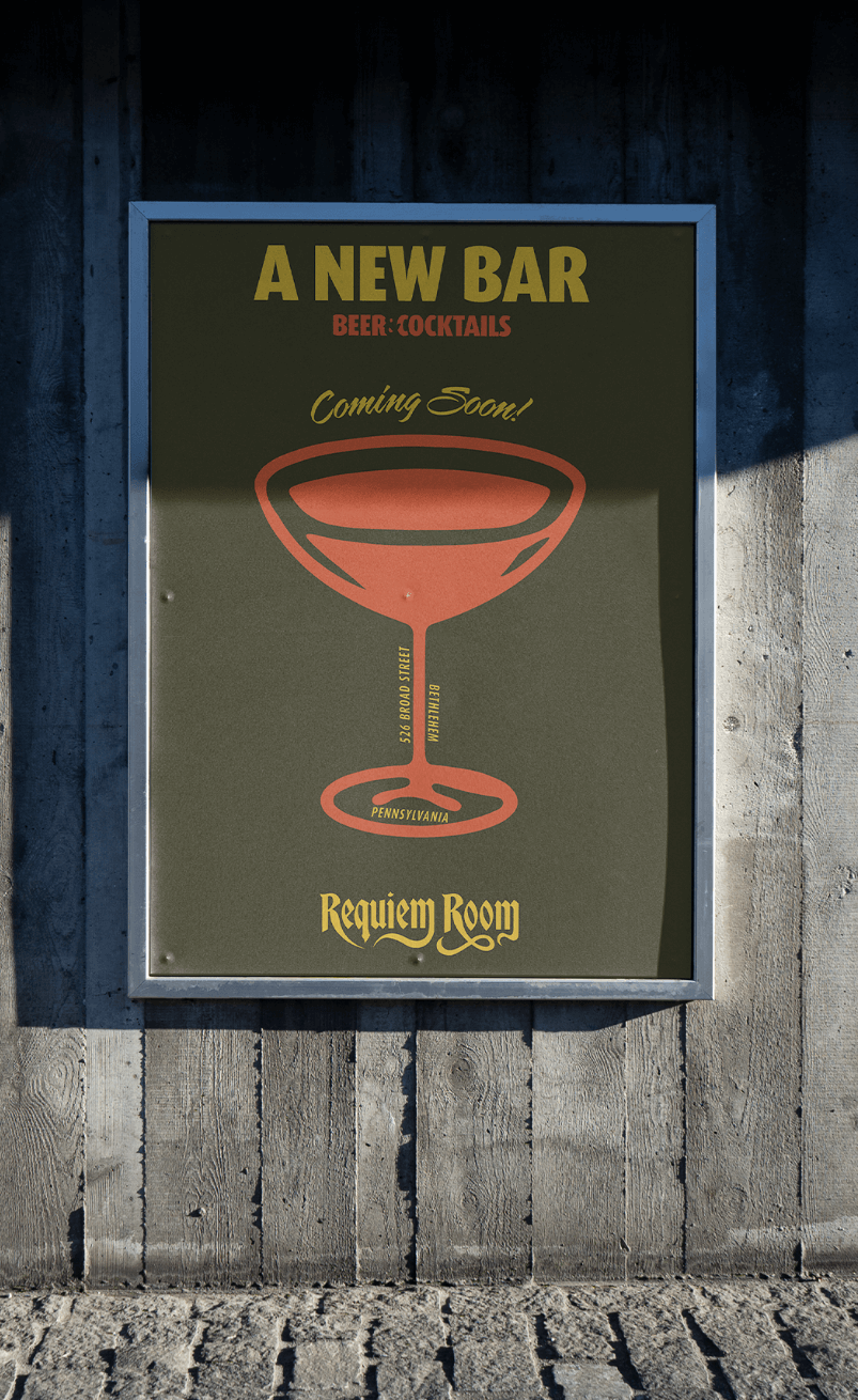 green Requiem Room poster with orange coupe glass