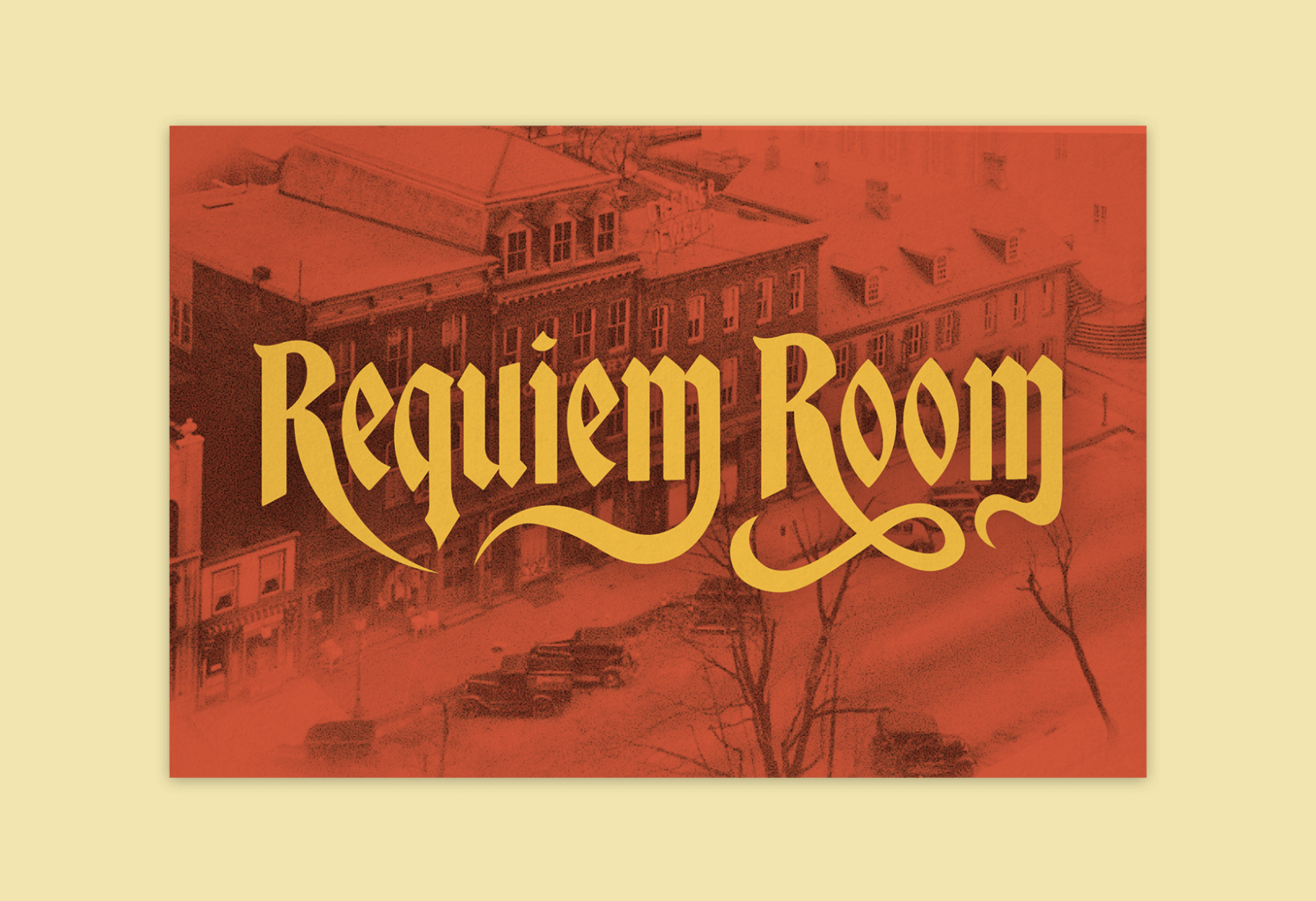 gold Requiem Room logo on an orange postcard with vintage building illustration