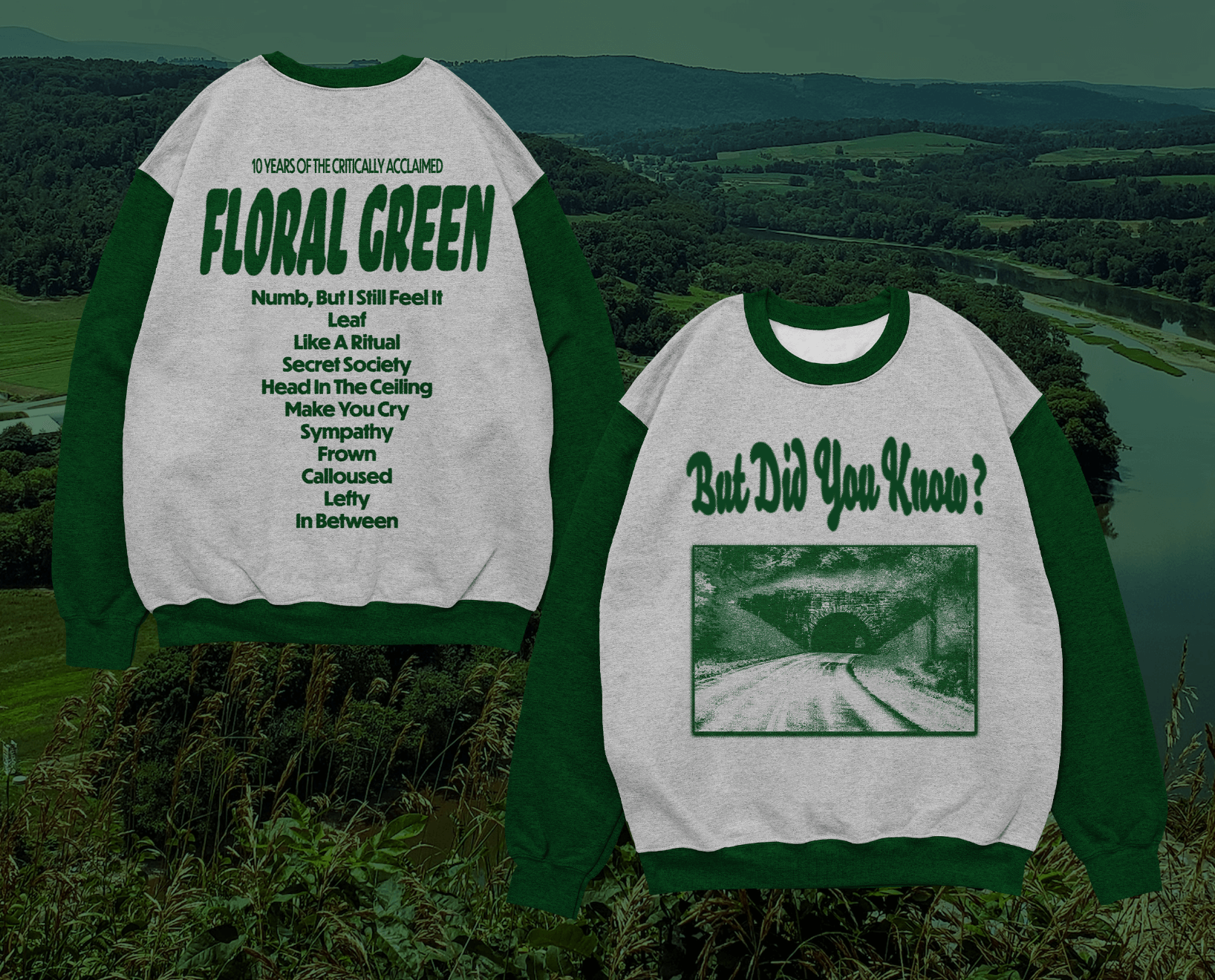 heather gray sweatshirt with green detailing for Title Fight's Floral Green album with a river background