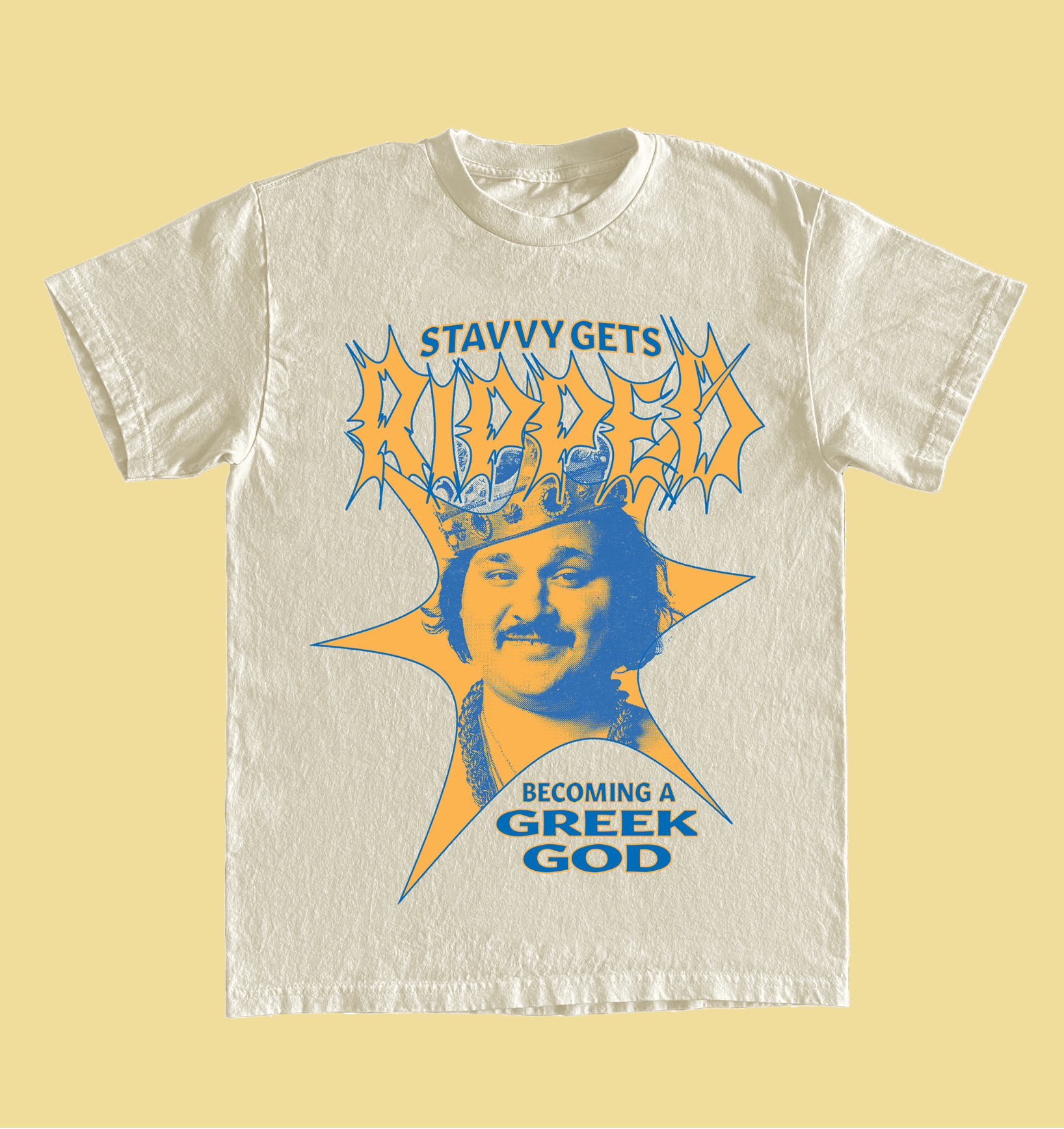 cream tshirt with typographic imagery on a yellow background