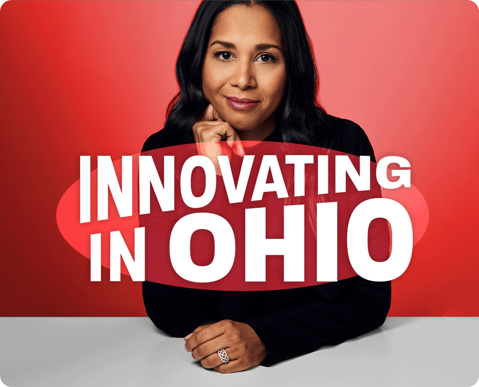 professional black woman with logo for Innovating for Ohio layer over her