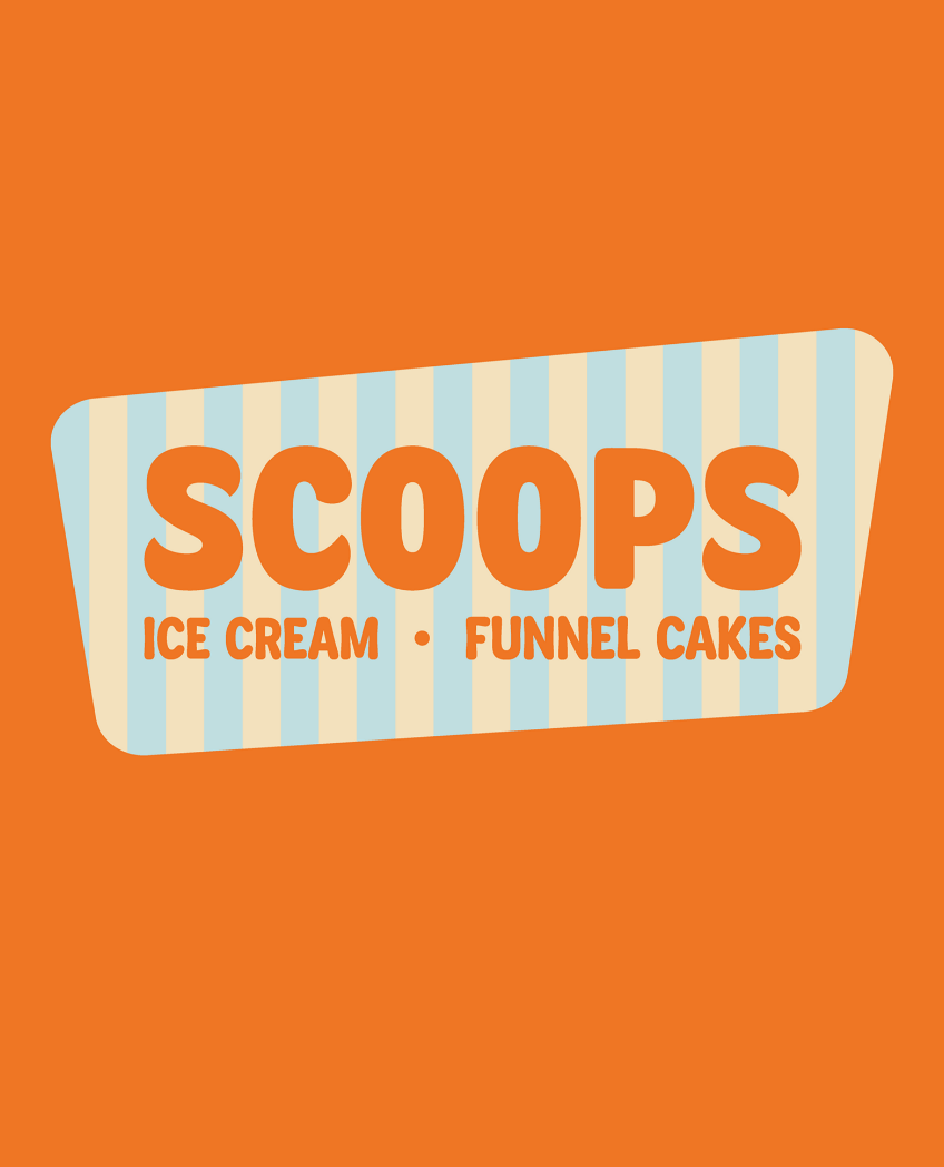 Scoops ice cream and funnel cakes logo on orange background