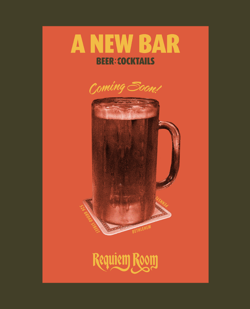 coming soon poster for Requiem Room that features gold and orange colors and a bar mug