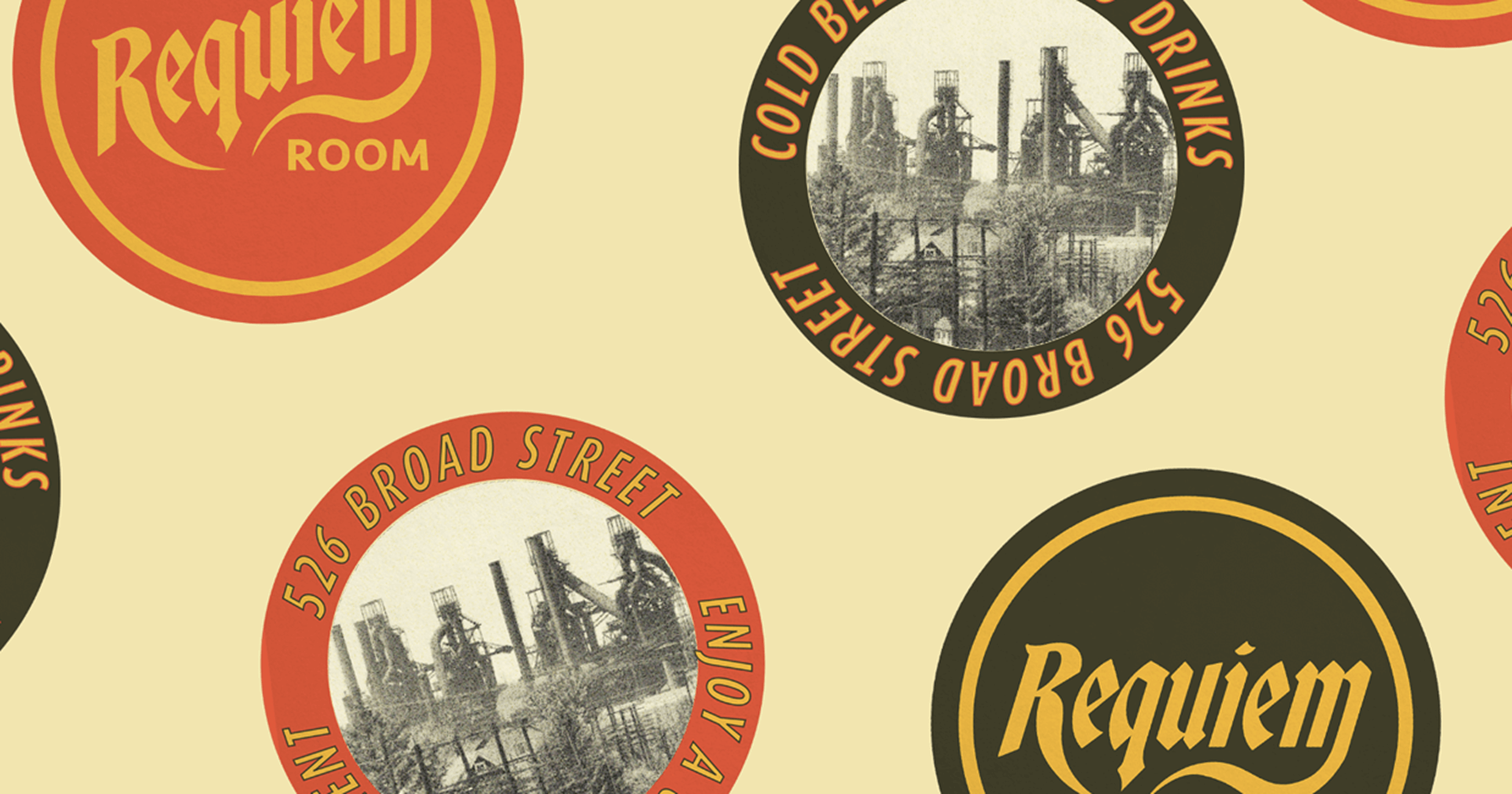 misc coasters with Requiem Room branding