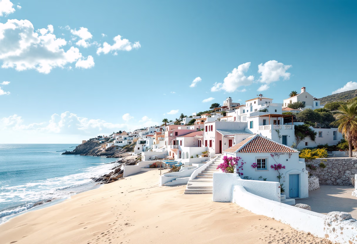 image of a picturesque coastal village with pastel-colored houses and sandy beaches