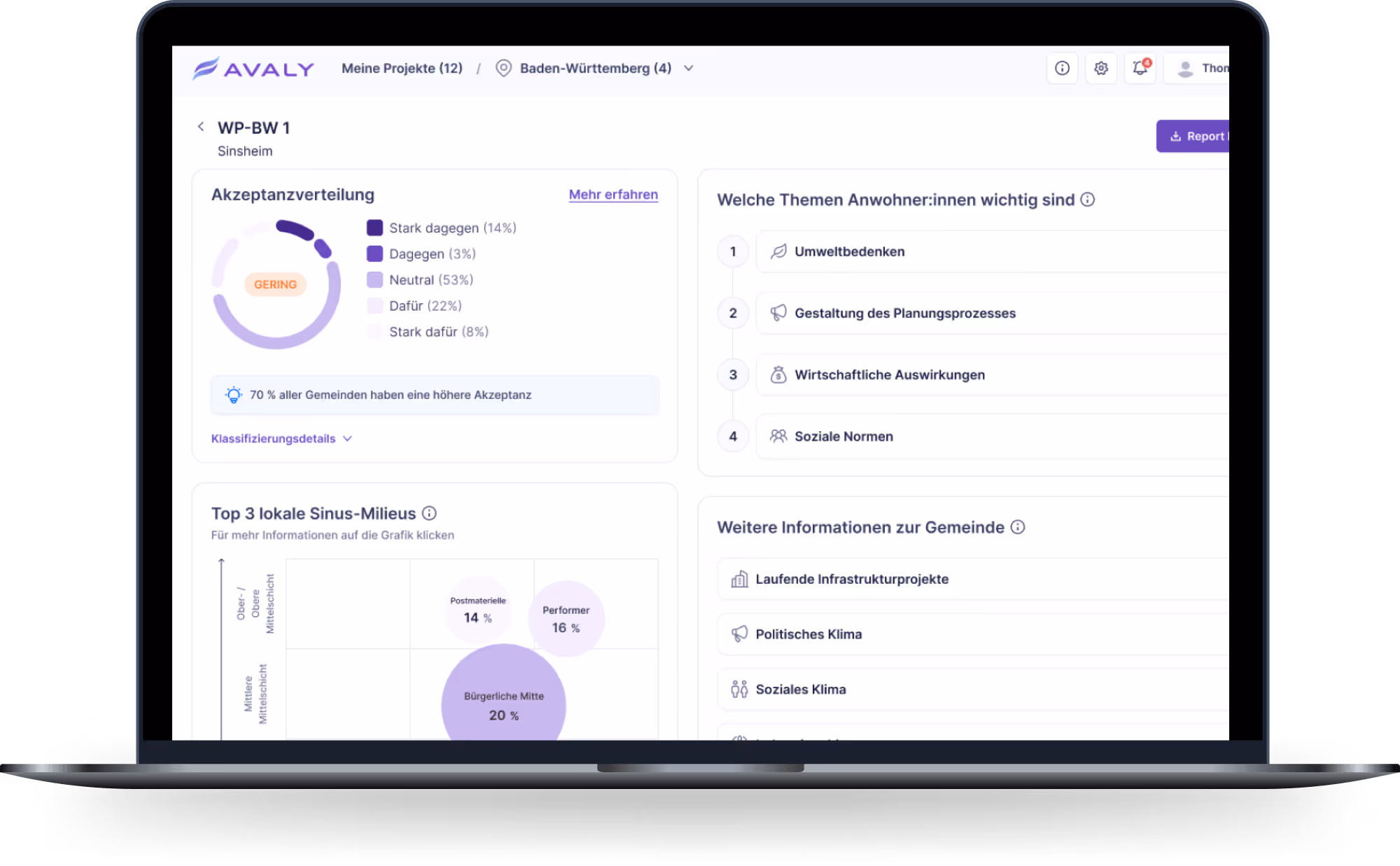 Screenshot eines Laptopbildschirms mit der AVALY-Software, die Analysedaten zur Akzeptanz eines Energieprojekts in Sinsheim anzeigt.