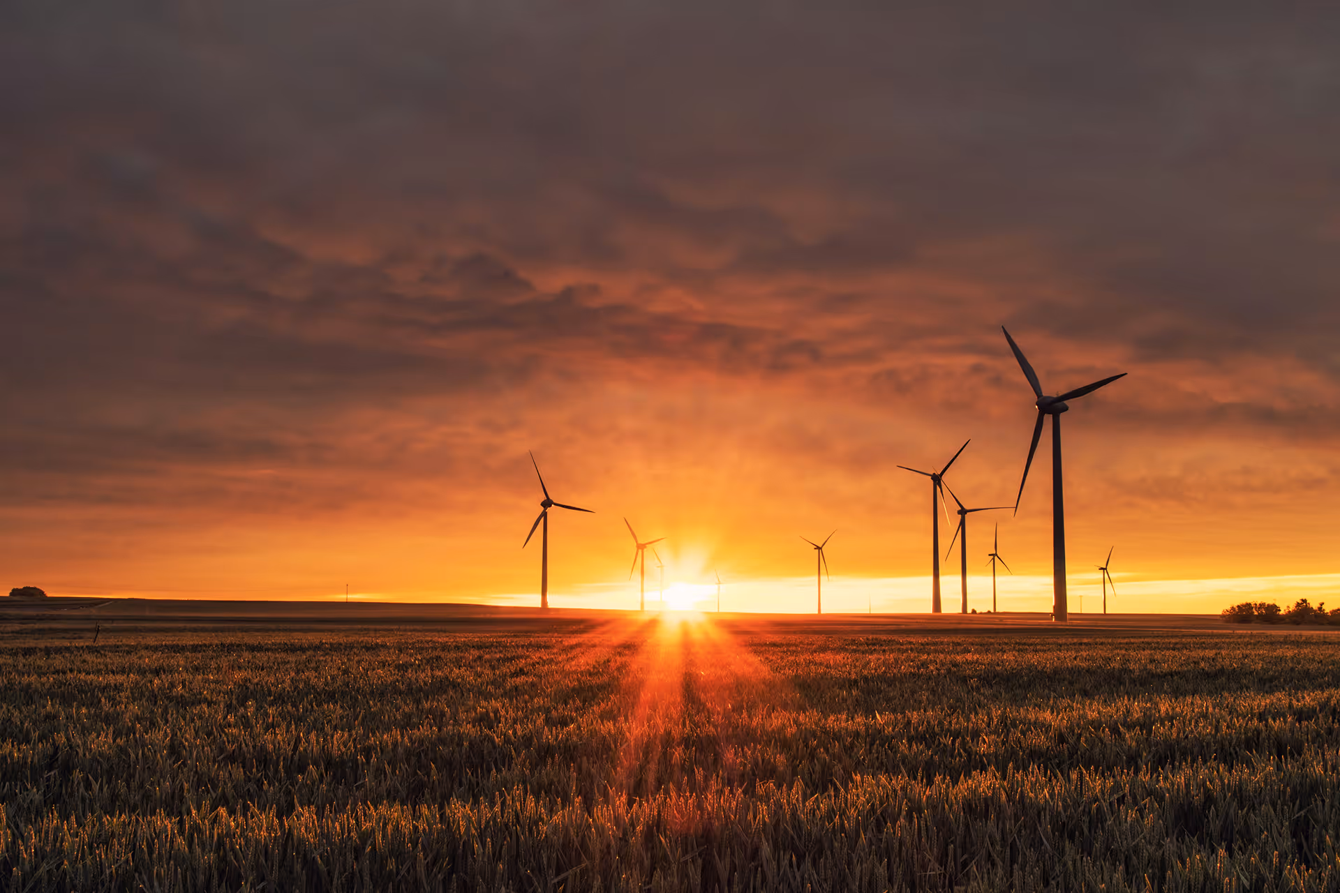 Windräder in einer Landschaft bei Sonnenuntergang mit orange-violettem Himmel