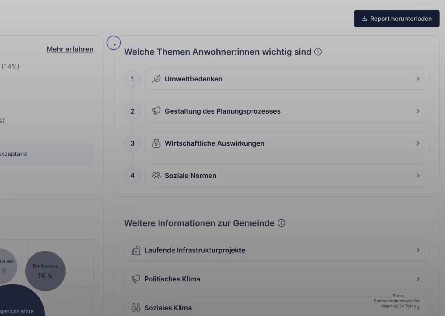Screenshot aus der AVALY App mit einer Liste verschiedener lokaler Einflussfaktoren.