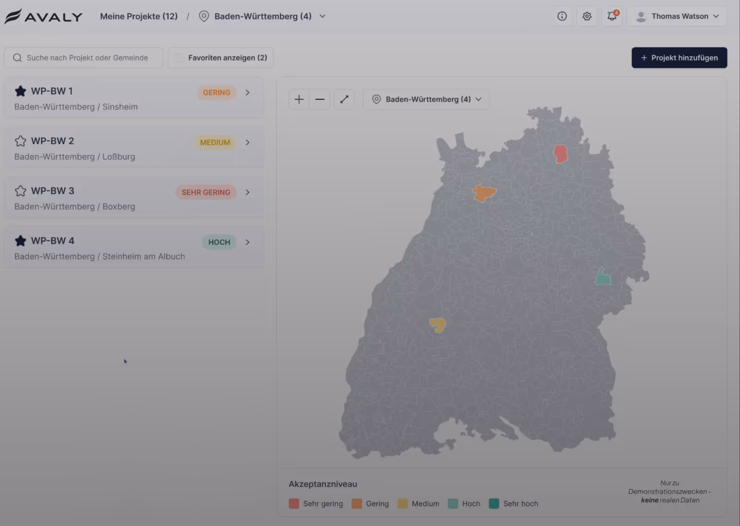Screenshot aus der AVALY App mit einer Karte mit Akzeptanzprognosen für einzelne Kommunen.