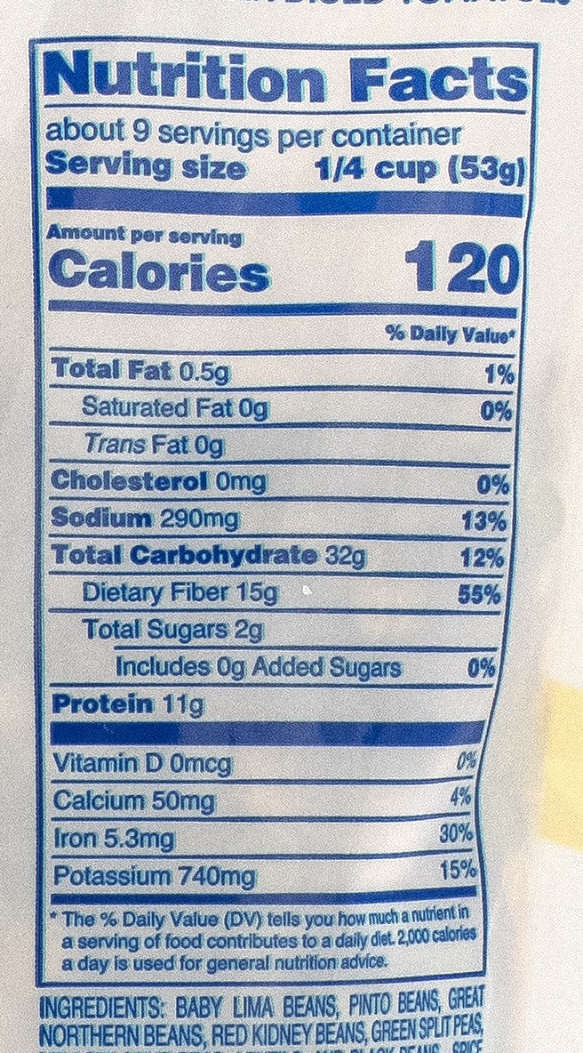 Nutrition facts for Dixie Lily Multi Bean Soup Mix
