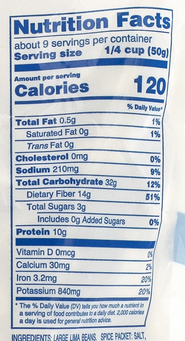 Nutrition facts for Dixie Lily Large Lima Bean Soup