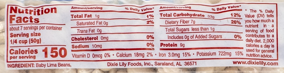 Nutrition facts for Dixie Lily Baby Lima Beans