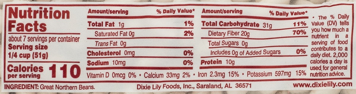 Nutrition facts for Dixie Lily Great Northern Beans