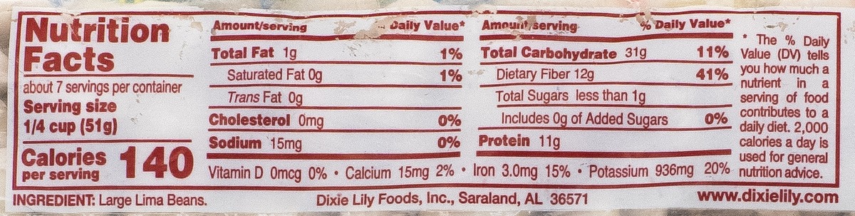 Nutrition facts for Dixie Lily Large Lima Beans