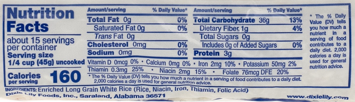 Nutrition facts for Dixie Lily Long Grain Rice