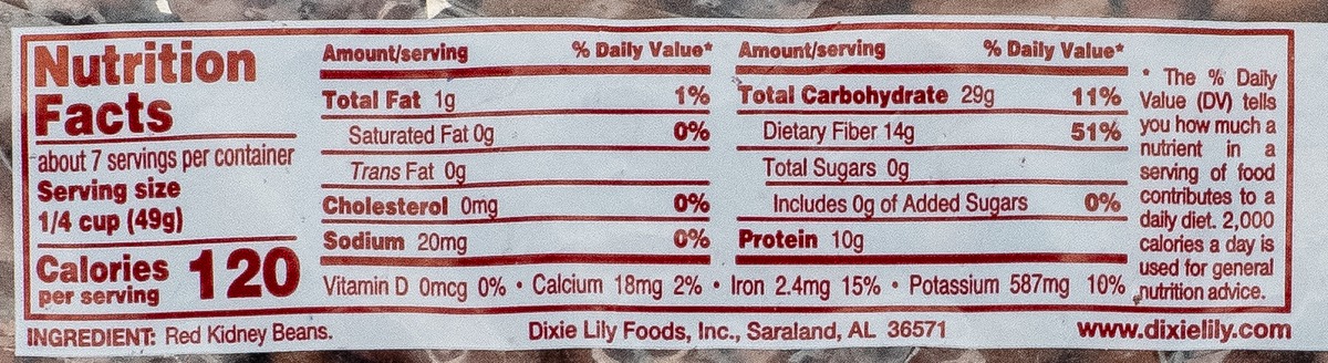 Nutrition facts for Dixie Lily Light Red Kidney Beans
