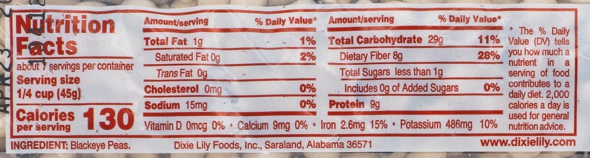 Nutrition facts for Dixie Lily Black Eye Peas