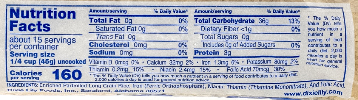 Nutrition facts for Dixie Lily Parboiled Rice
