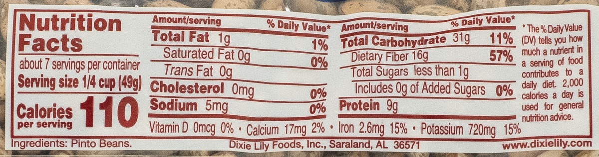 Nutrition facts for Dixie Lily Pinto Beans