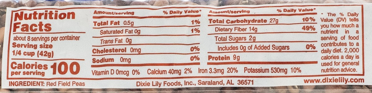 Nutrition facts for Dixie Lily Red Field Peas