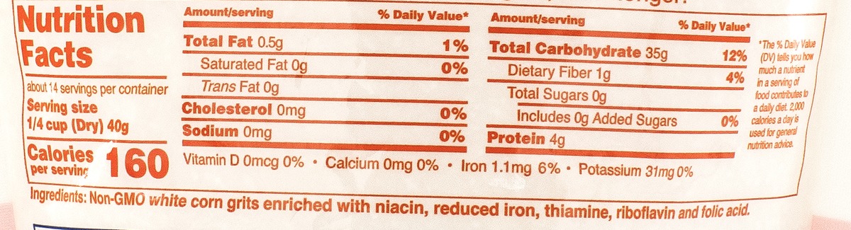 Nutrition facts for Dixie Lily White Corn Quick Grits (Gluten Free)
