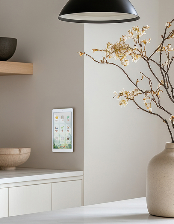 Kitchen with the Tasks 'n Chores app on a tablet hanging on the wall