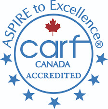 CARF Canada Accredited logo with a red maple leaf and the phrase Aspire to Excellence around the circle.