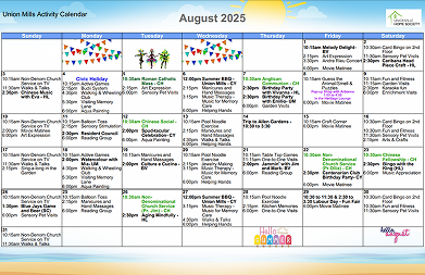 August 2025 activity calendar for Union Mills with daily events including social gatherings, games, fitness classes, and dining occasions listed by day of the week and date.