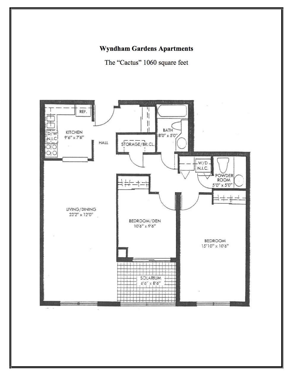 Floor plan of Wyndham Gardens Apartments 'Cactus' 1060 sq ft, showing kitchen, living/dining room, bedroom/den, bedroom, solarium, bath, powder room, hall, and storage closets.