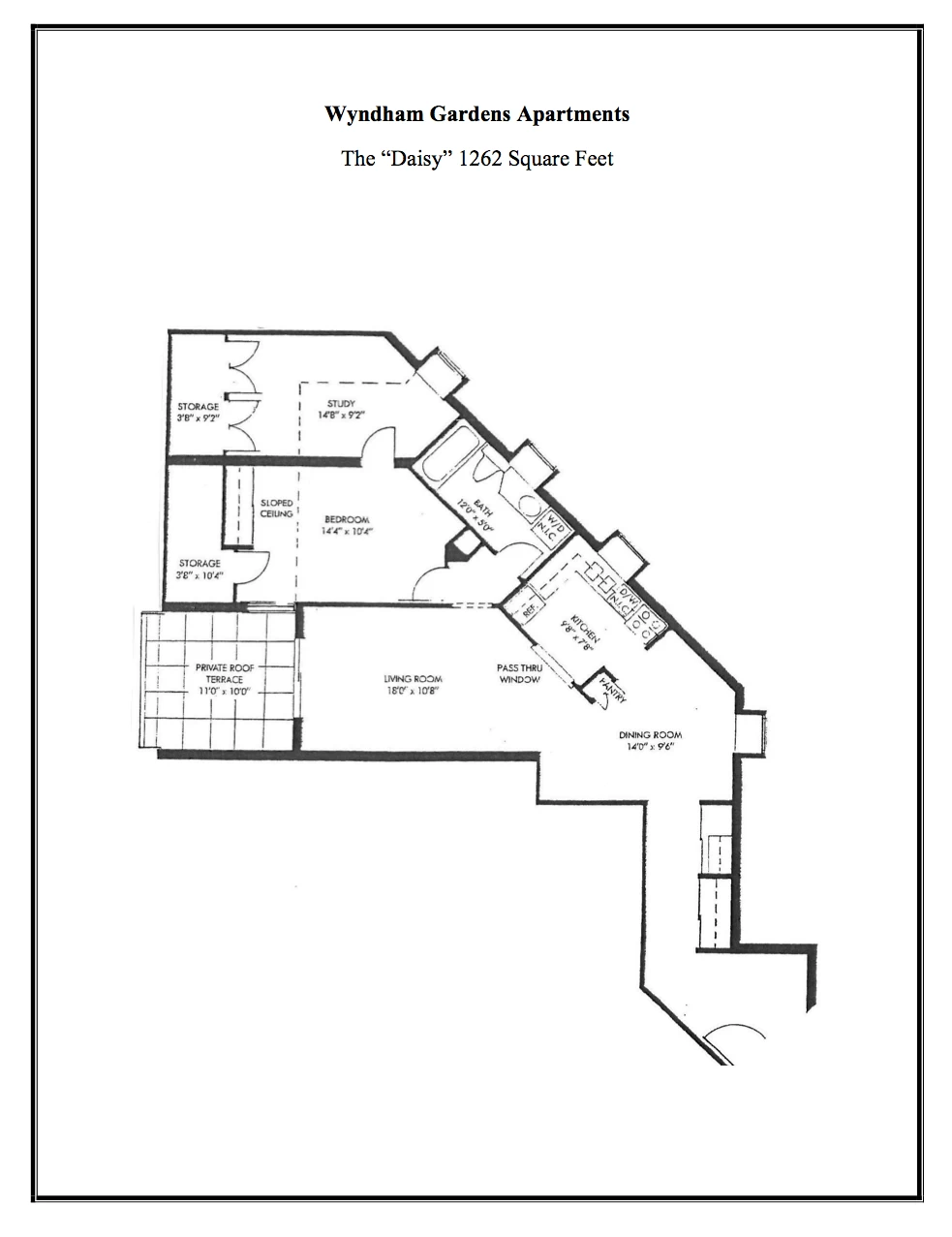 Floor plan of Wyndham Gardens Apartments 'Daisy' model showing 1262 square feet with living room, dining room, kitchen, bedroom, study, storage, bathroom, private roof terrace, and pantry.