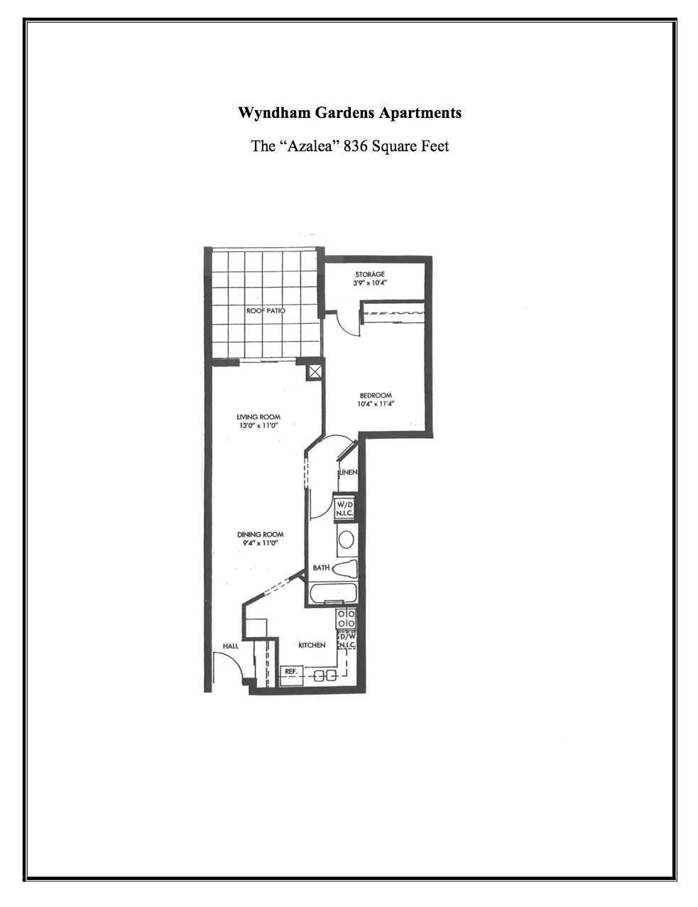 Floor plan of Wyndham Gardens Apartments ‘Azalea’ with 836 square feet showing one bedroom, living room, dining room, kitchen, bath, storage, and roof patio.