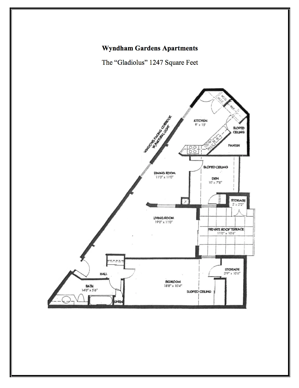 Floor plan of Wyndham Gardens Apartments "Gladiolus" unit with 1247 square feet, showing a kitchen, dining room, living room, den, bedroom, bath, two storage areas, private roof terrace, and hall.