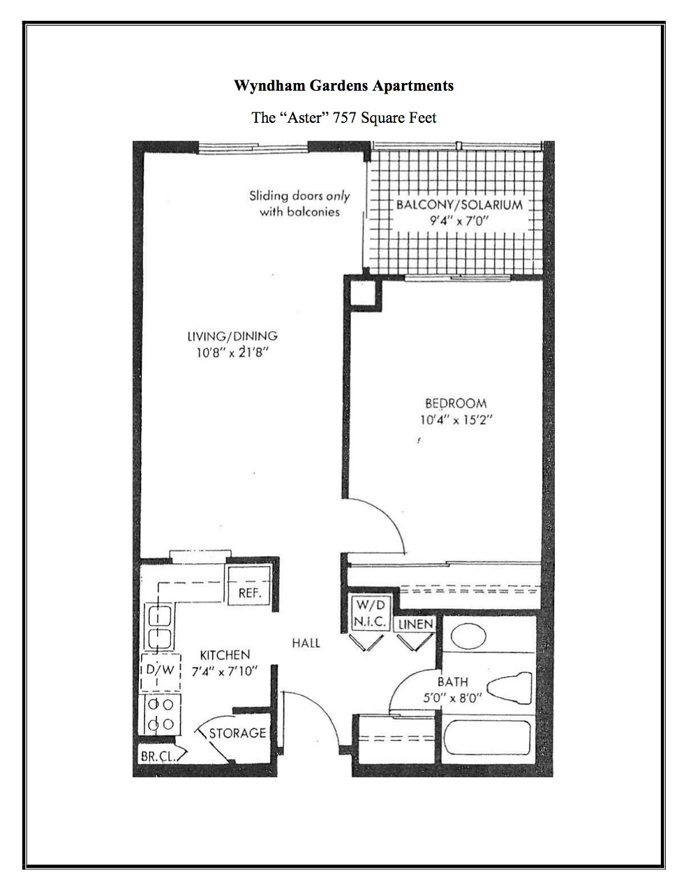 Floor plan of Wyndham Gardens Apartments 'Aster' 757 sq ft with one bedroom, kitchen, living/dining area, bathroom, hall, storage, and balcony/solarium.