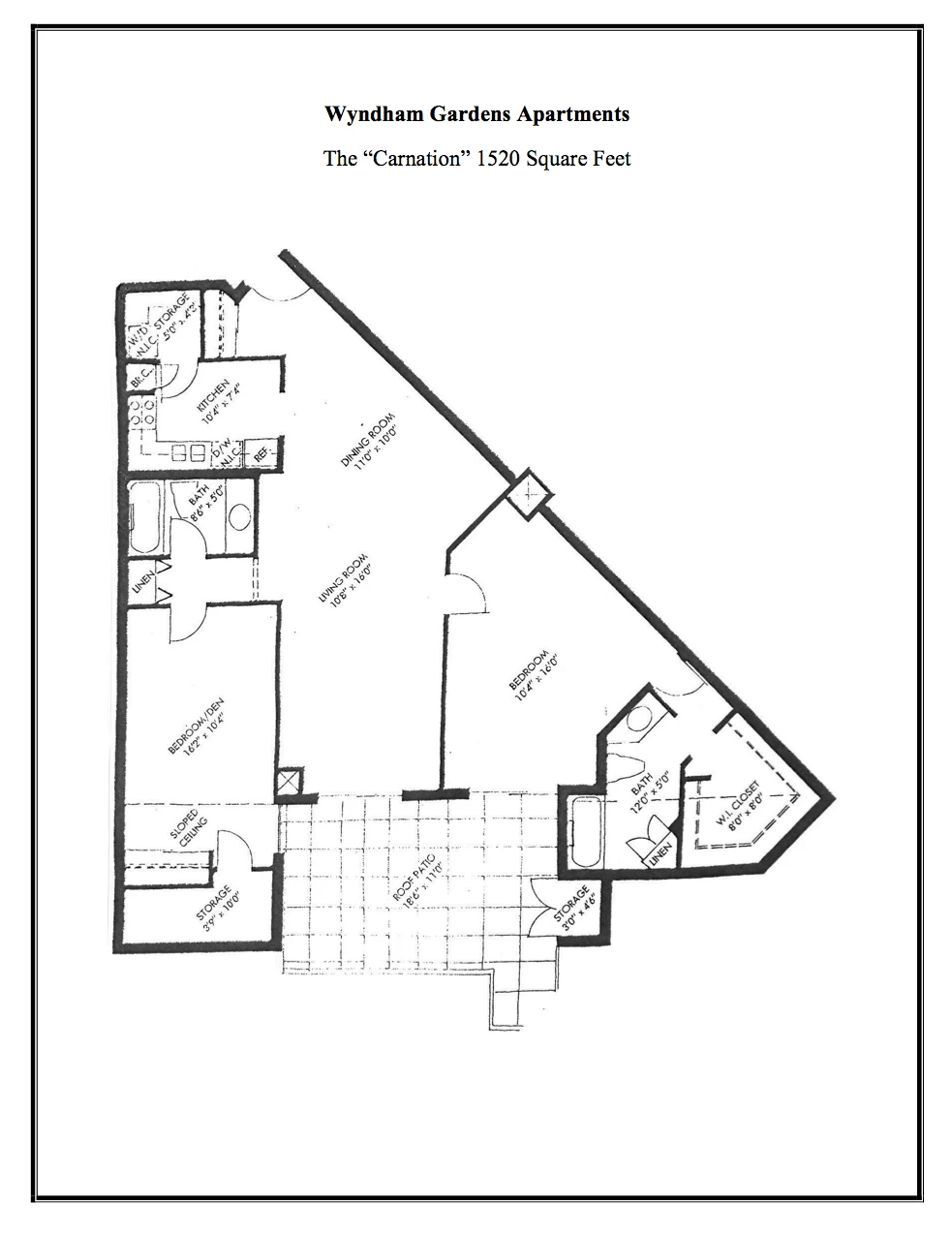 Floor plan of Wyndham Gardens Apartments 'Carnation' with 1520 square feet, featuring two bedrooms, two bathrooms, kitchen, living room, dining room, storage areas, and a roof patio.