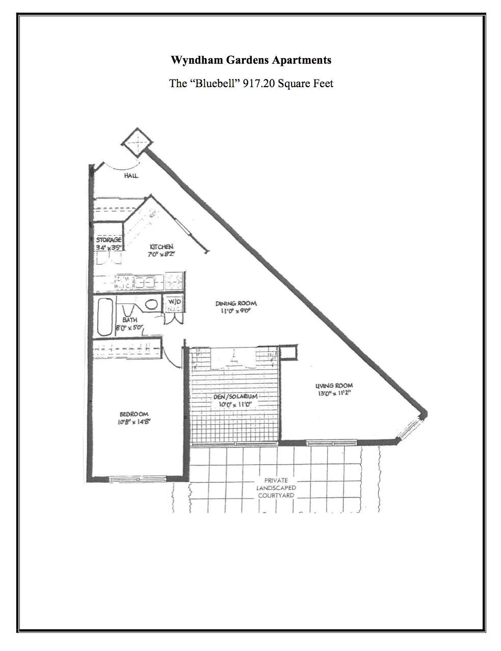 Floor plan of Wyndham Gardens Apartments 'Bluebell' unit showing 1 bedroom, kitchen, bath, dining room, living room, den/solarium, storage, hall, and private landscaped courtyard.
