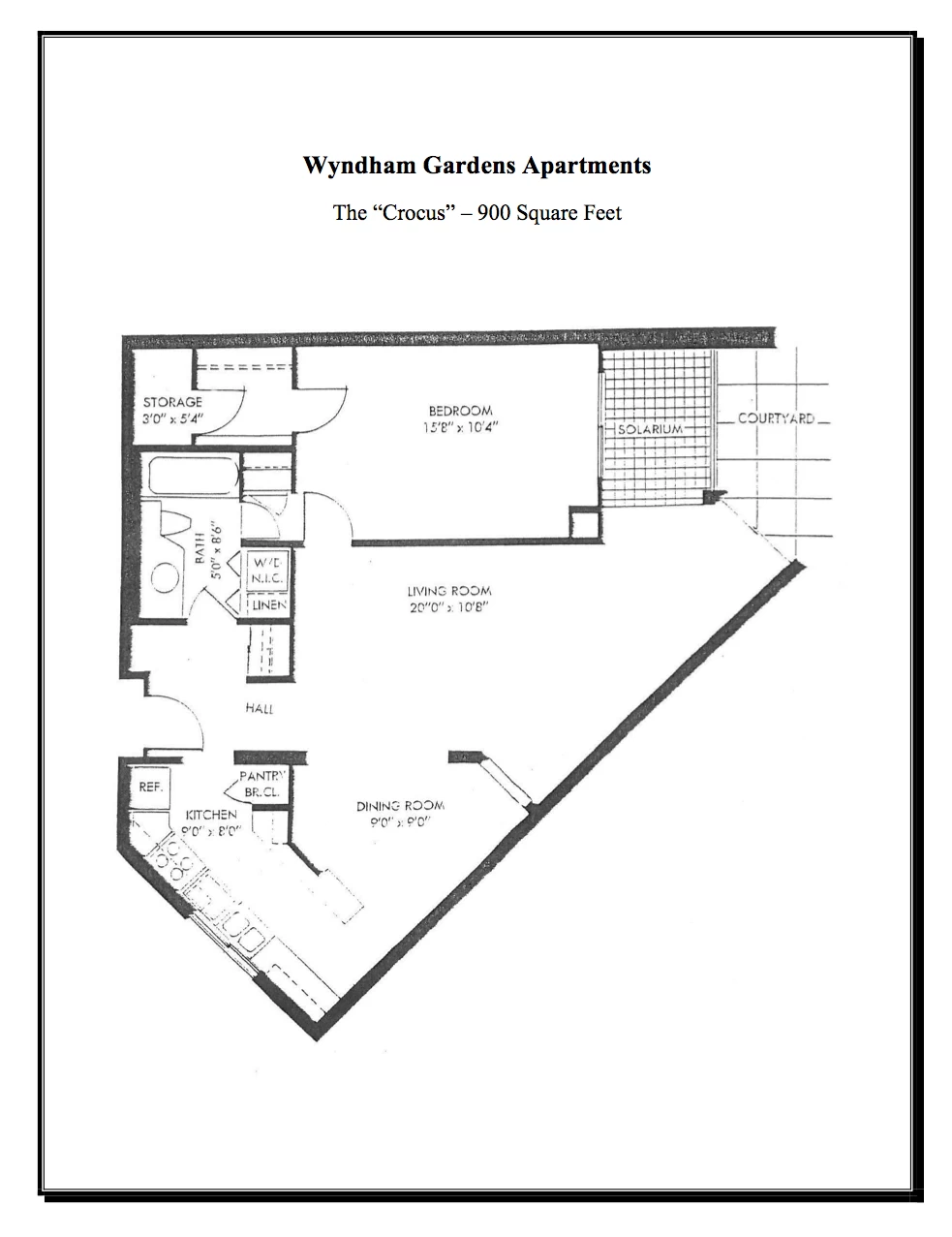 Floor plan of Wyndham Gardens Apartments 'The Crocus' showing a 900 sq ft layout with bedroom, living room, dining room, kitchen, bath, storage, pantry, solarium, and courtyard.