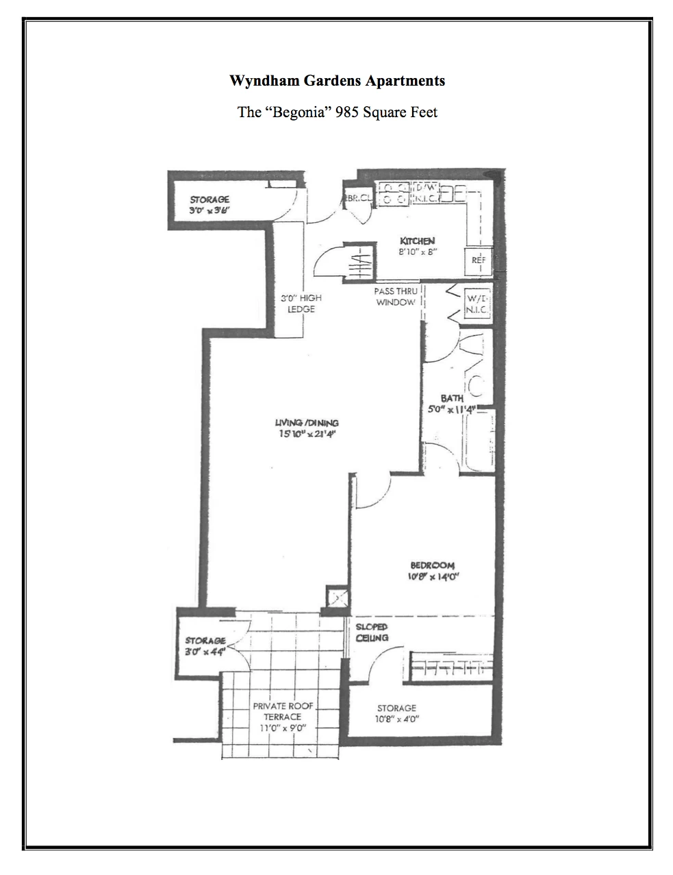 Floor plan of Wyndham Gardens Apartments 'Begonia' unit with 985 square feet featuring a bedroom, bath, kitchen, living/dining area, private roof terrace, and multiple storage spaces.