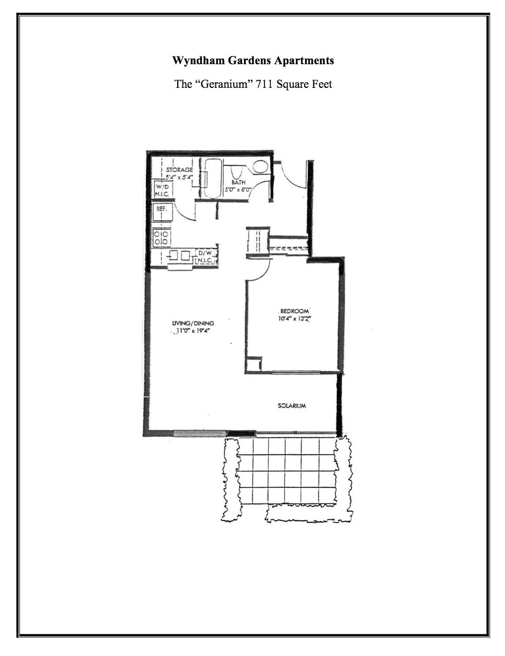 Floor plan of Wyndham Gardens Apartments 'Geranium' layout featuring a 711 square foot one-bedroom with living/dining area, kitchen, bathroom, storage, solarium, and outdoor patio.