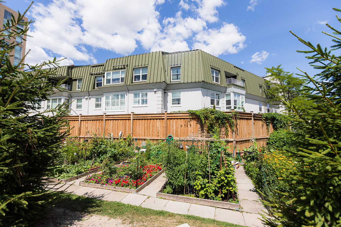 Community garden with raised beds of flowering plants and vegetables in front of a modern residential building under a partly cloudy sky.