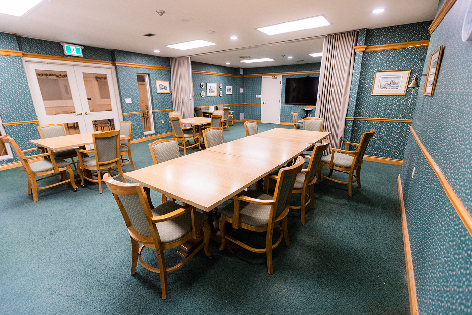 Conference room with wooden tables and cushioned chairs arranged on green carpet, green patterned walls, and a wall-mounted TV.