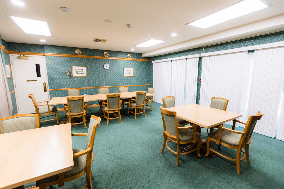 Well-lit meeting room with wooden tables, green carpet, patterned teal wallpaper, framed pictures, and vertical blinds covering windows.