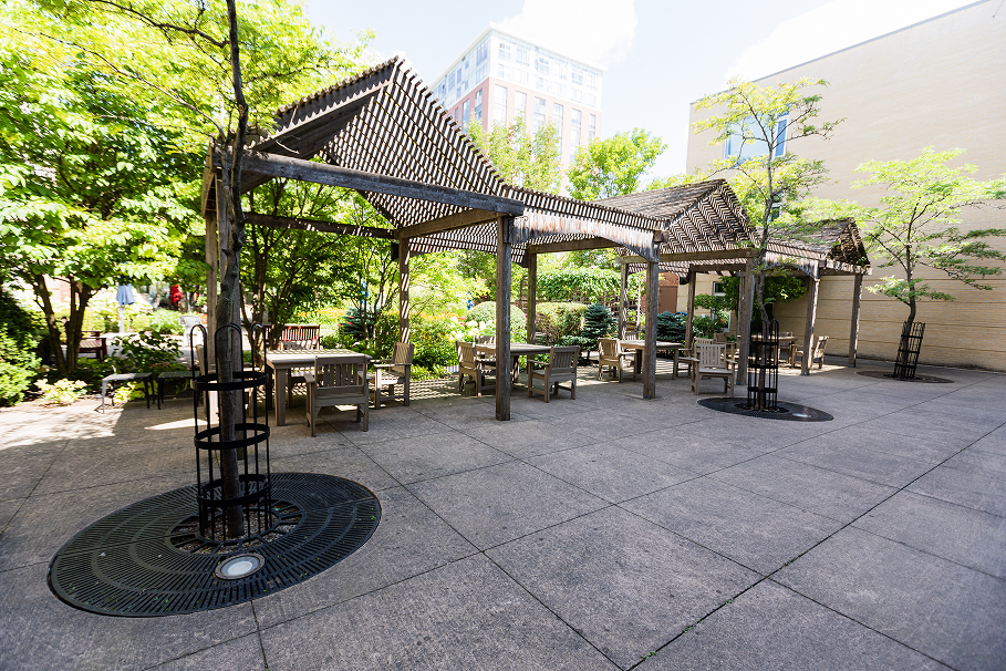 Outdoor seating area with wooden pergolas, tables, chairs, and small trees on a paved patio surrounded by greenery and buildings.