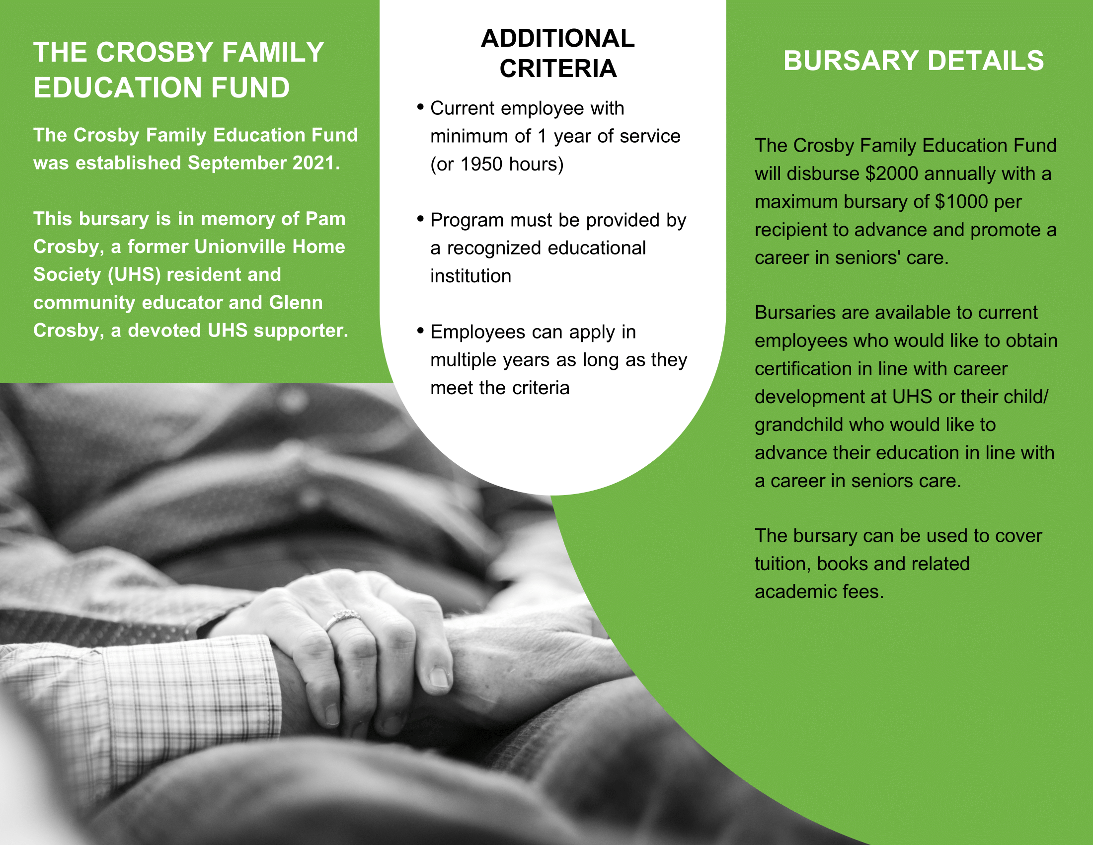 Informational brochure about The Crosby Family Education Fund, detailing its establishment in September 2021, bursary memorial for Pam and Glenn Crosby, additional criteria for applicants, and bursary details including amounts and eligible uses, alongside a black-and-white photo of hands gently holding each other.