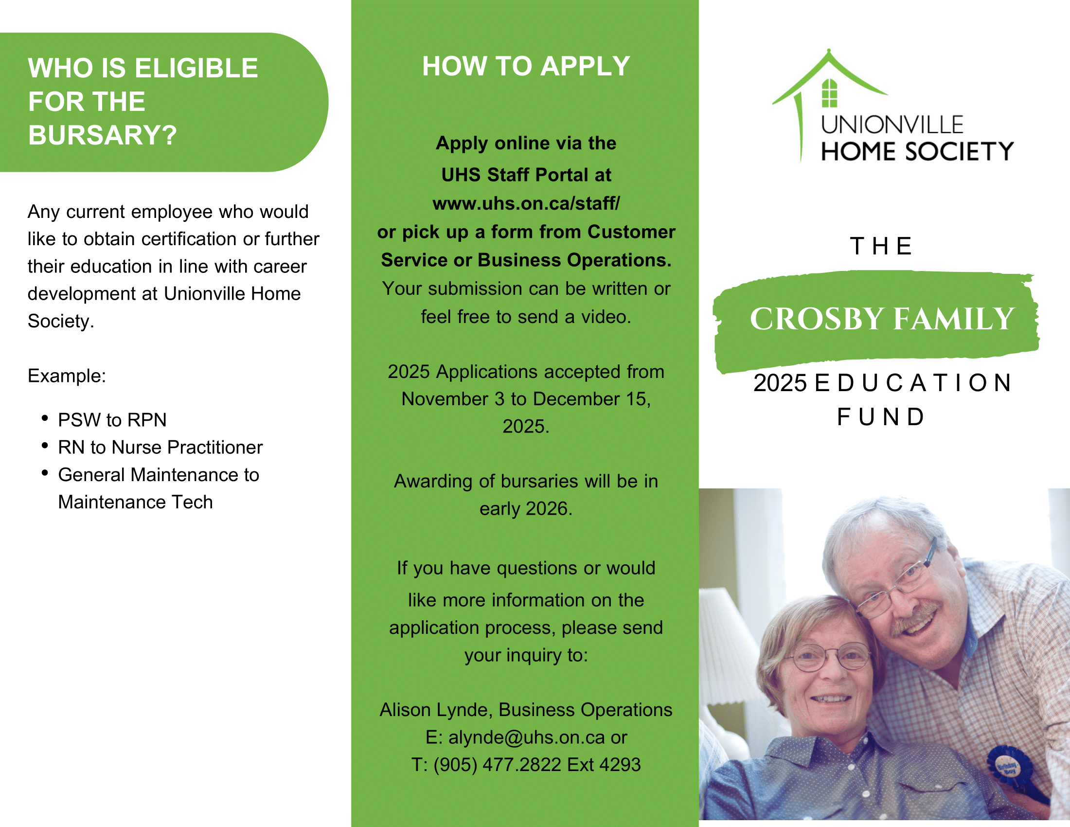 Information on eligibility and application process for the Crosby Family 2025 Education Fund bursary from Unionville Home Society, featuring a smiling elderly couple and contact details for Alison Lynde in Business Operations.