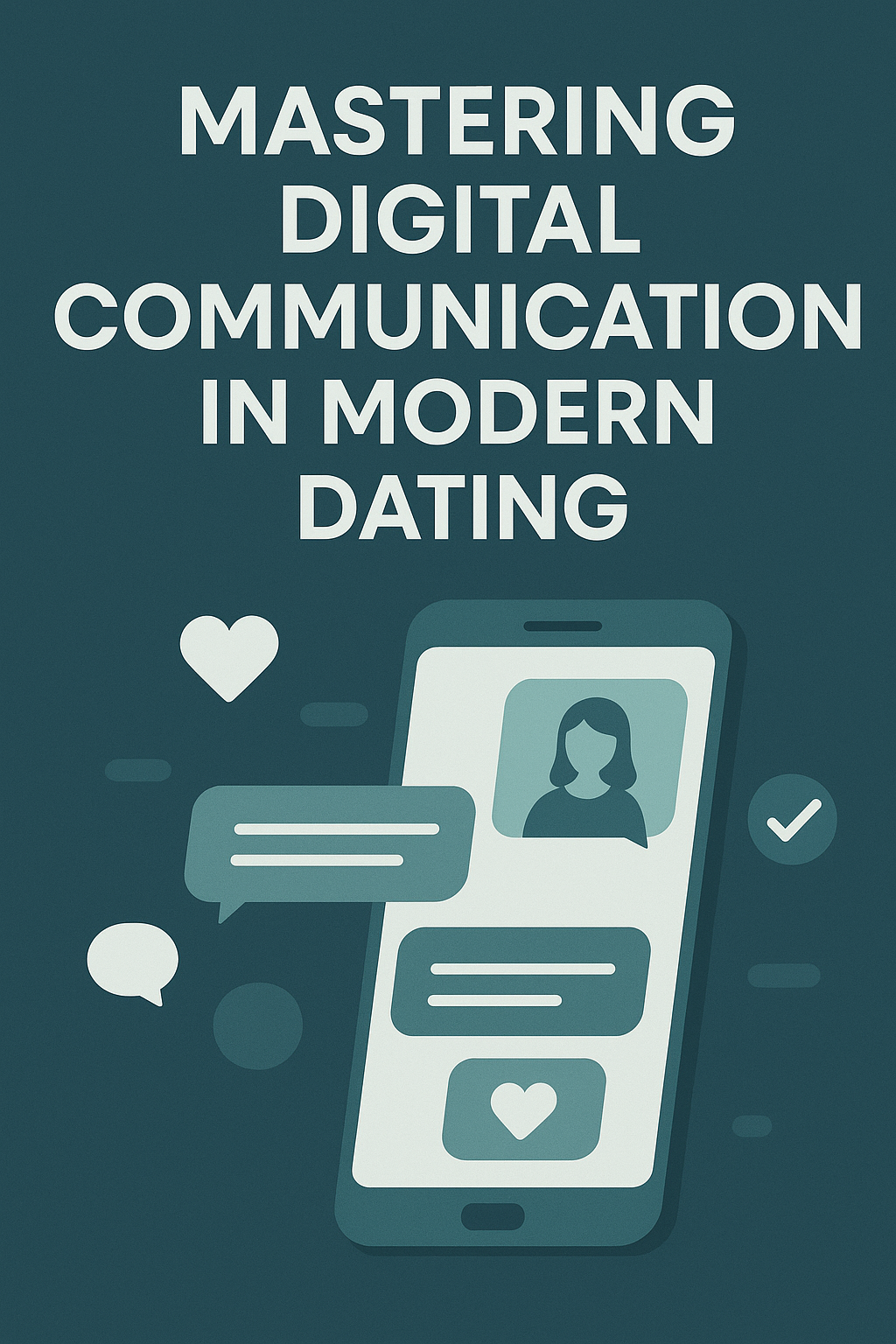 Illustration of a smartphone displaying a chat interface and a profile photo of a woman, with text bubbles, heart icons, and a checkmark symbol surrounding the phone. The title above reads "Mastering Digital Communication in Modern Dating" in bold capital letters.