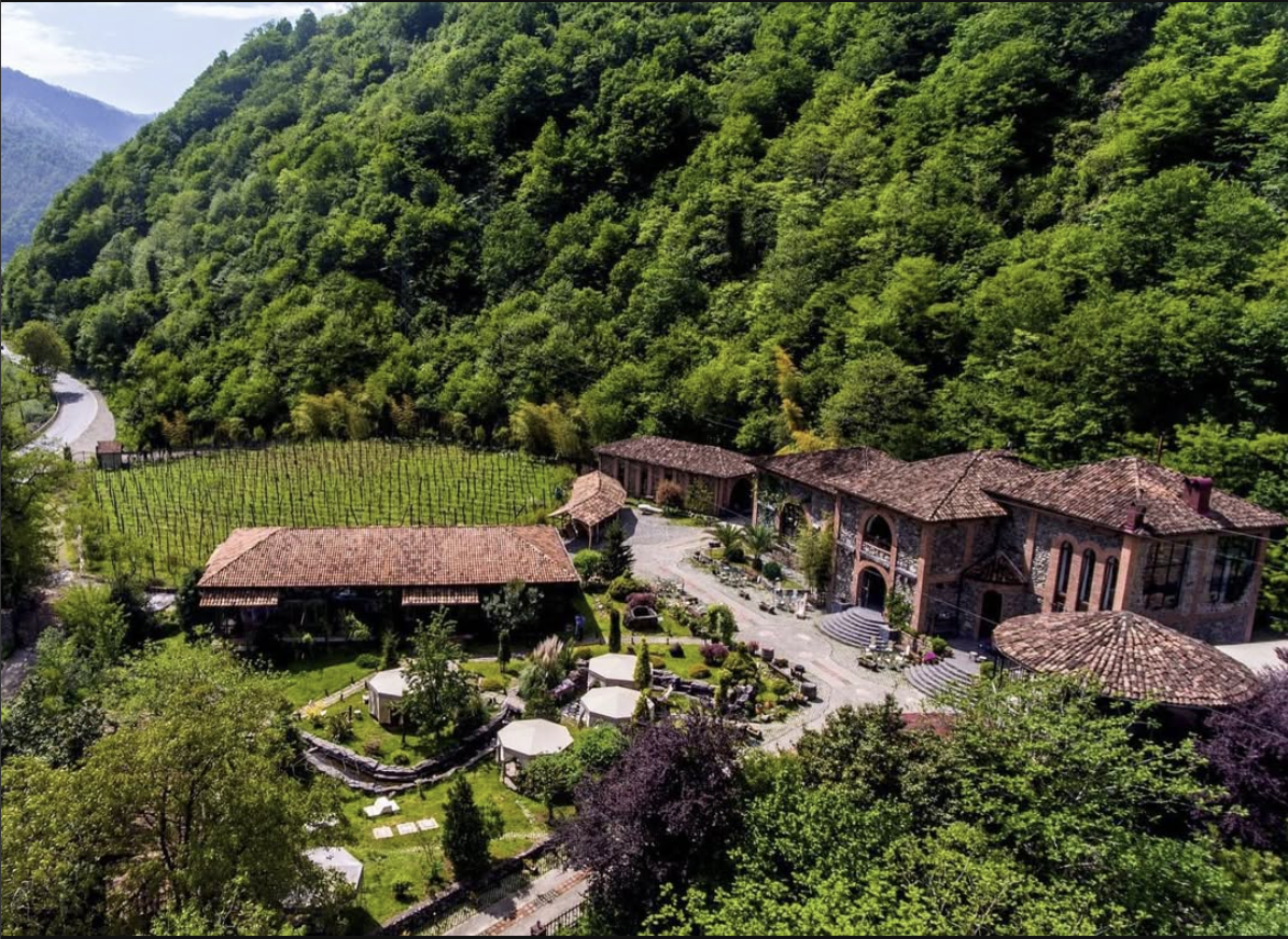 Adjarian Wine House, located in Adjaria, Goergia. Image taken from top right, top-down view, from drone.