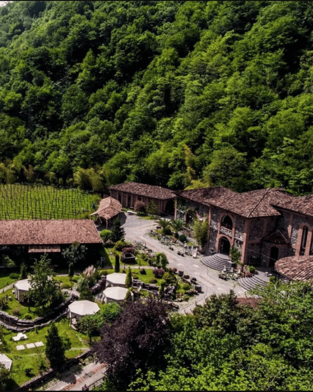 Adjarian Winery photo taken from top to bottom, drone shot of beautiful old winery.